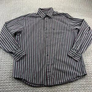 Nautica Button Down Shirt Men Large L Brown Burgundy Stripes Casual Business